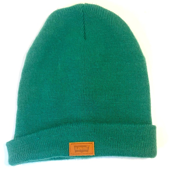 Levi's Men's Beanie Green Comfy Leather Logo Patch Hero Hat Winter Ribbed Knit - Picture 1 of 9